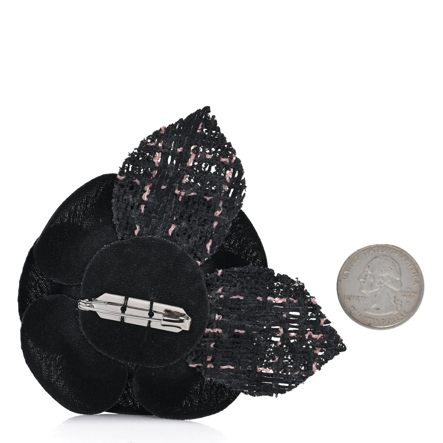 Tweed Fabric Camellia Pin Brooch Black Pink