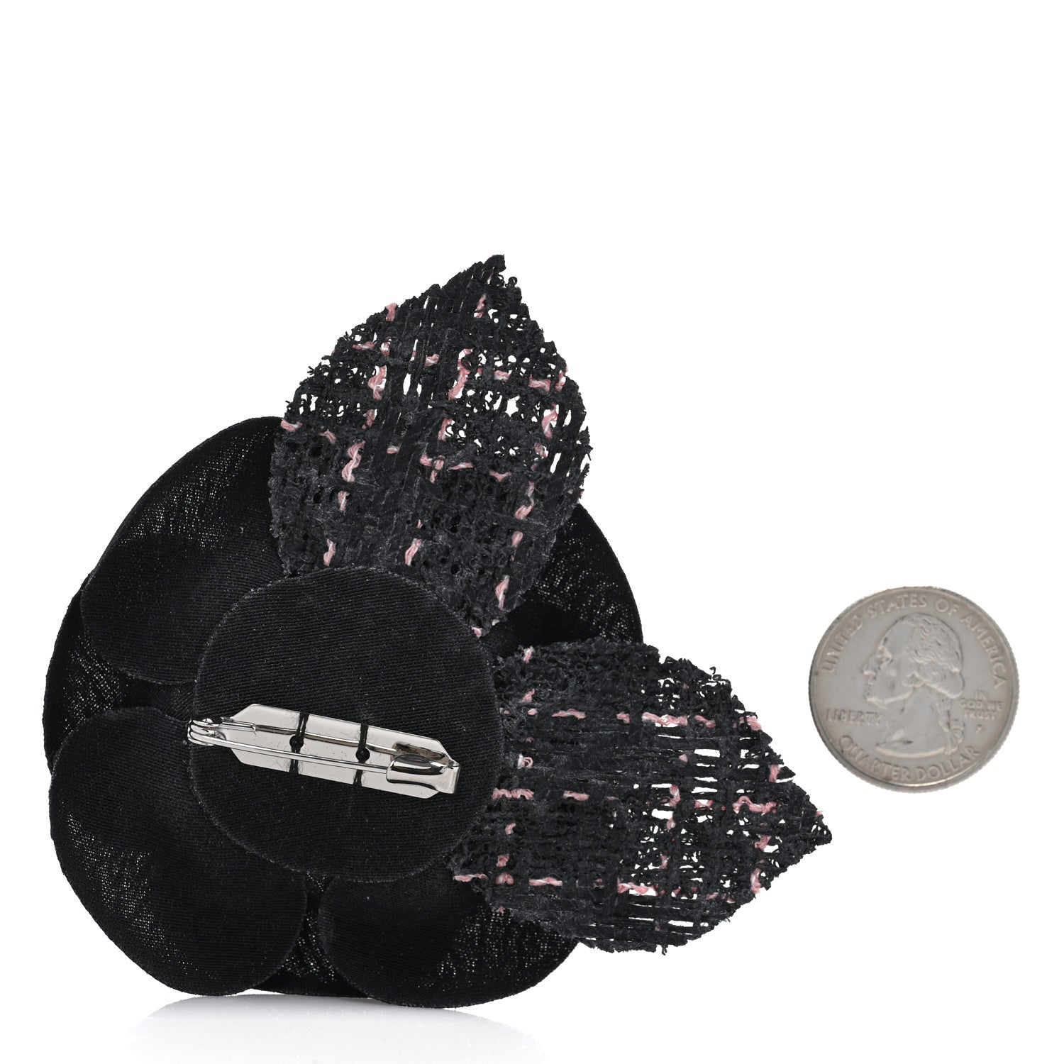 Chanel Tweed Fabric Camellia Pin Brooch Black Pink 2 of 3