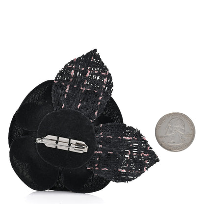 Chanel Tweed Fabric Camellia Pin Brooch Black Pink 2 of 3