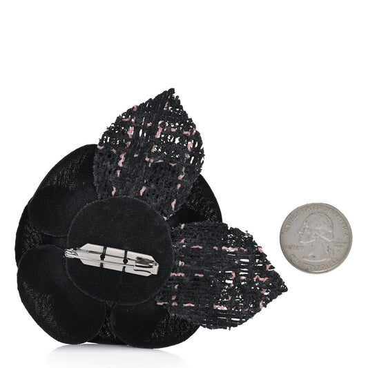 Tweed Fabric Camellia Pin Brooch Black Pink