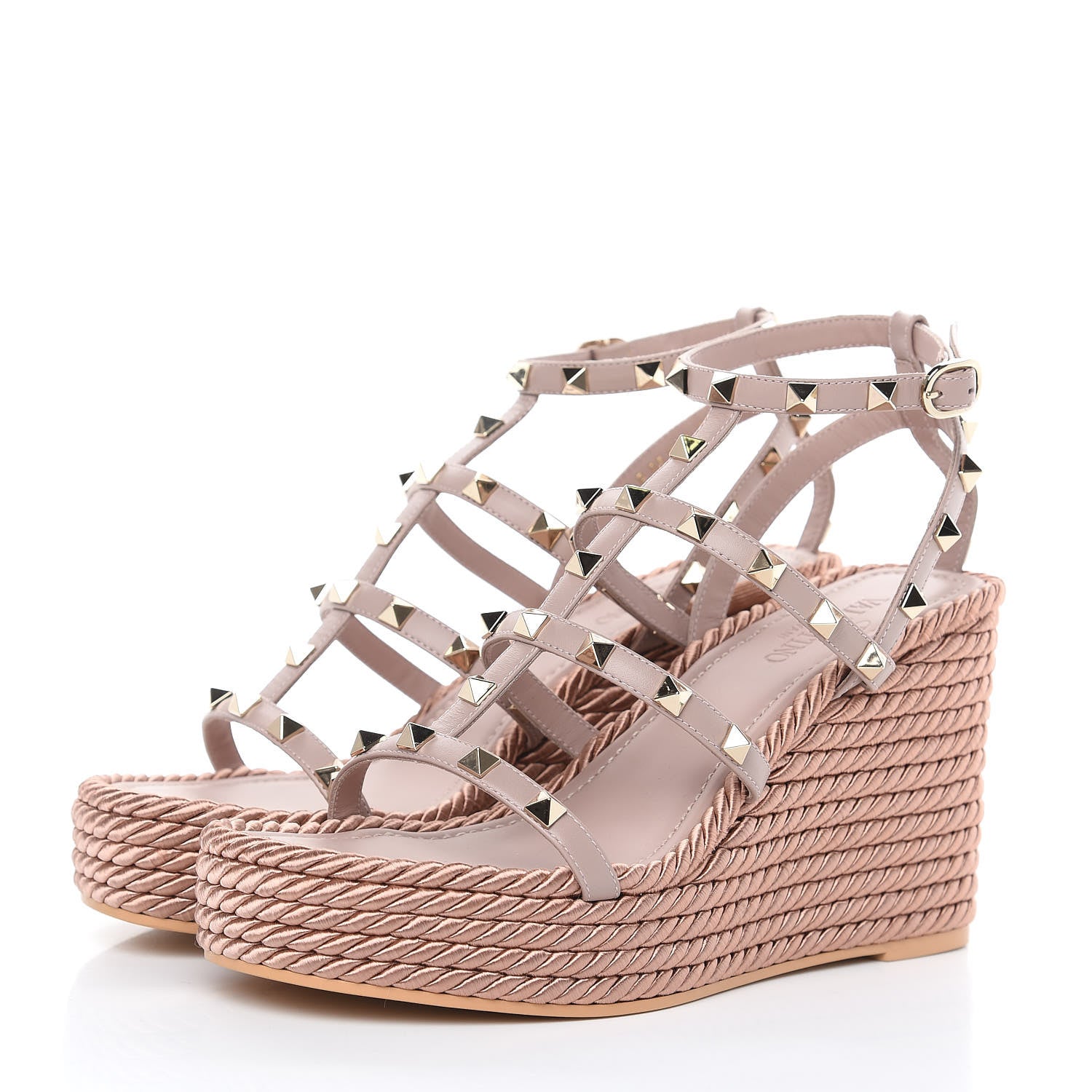 Valentino Garavani Calfskin Rockstud Ankle Strap Torchon Espadrille Caged 25/95mm Wedge Sandals 38 Poudre 3 of 10