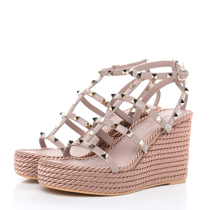 Valentino Garavani Calfskin Rockstud Ankle Strap Torchon Espadrille Caged 25/95mm Wedge Sandals 38 Poudre 3 of 10
