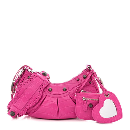 Balenciaga Extra Supple Calfskin Crocodile Embossed XS Le Cagole Shoulder Bag Lipstick Pink 1 of 12