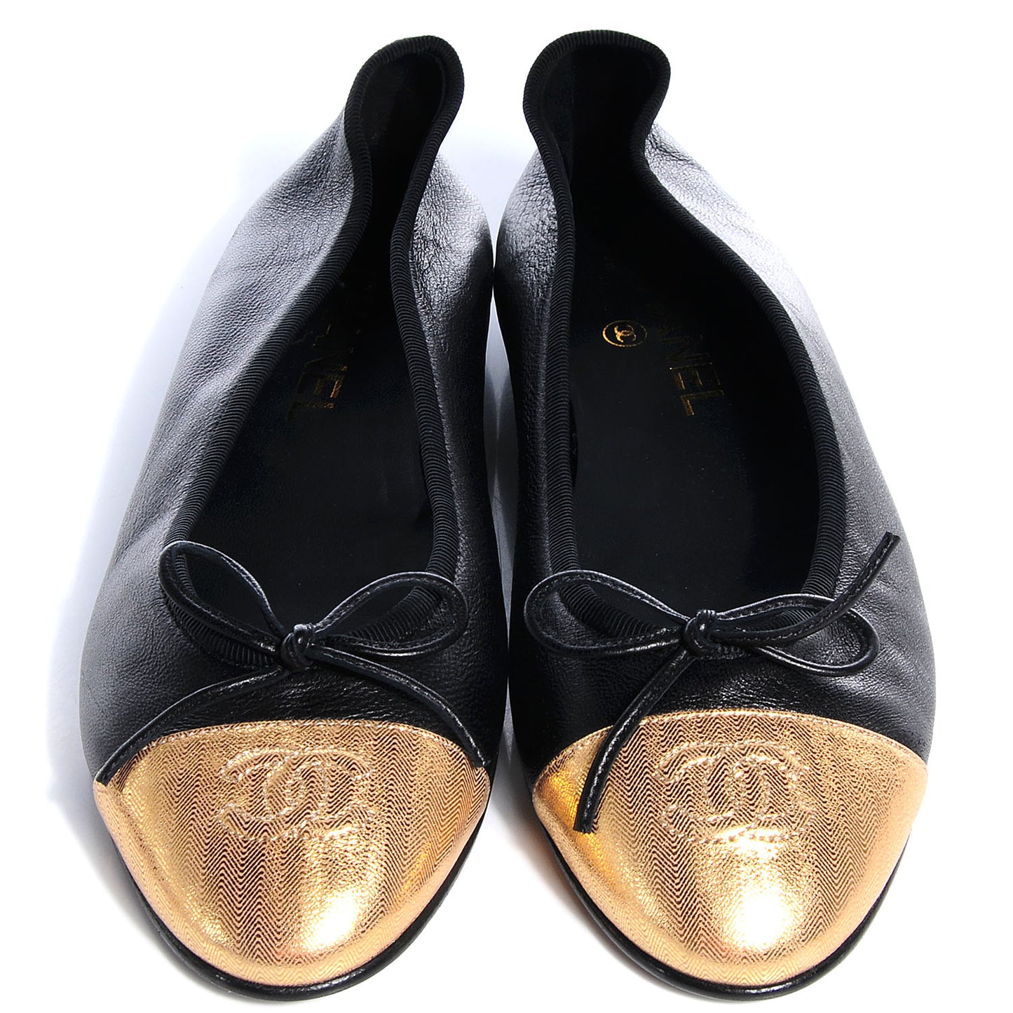Calfskin CC Cap Toe Ballerina Flats Black Gold 38