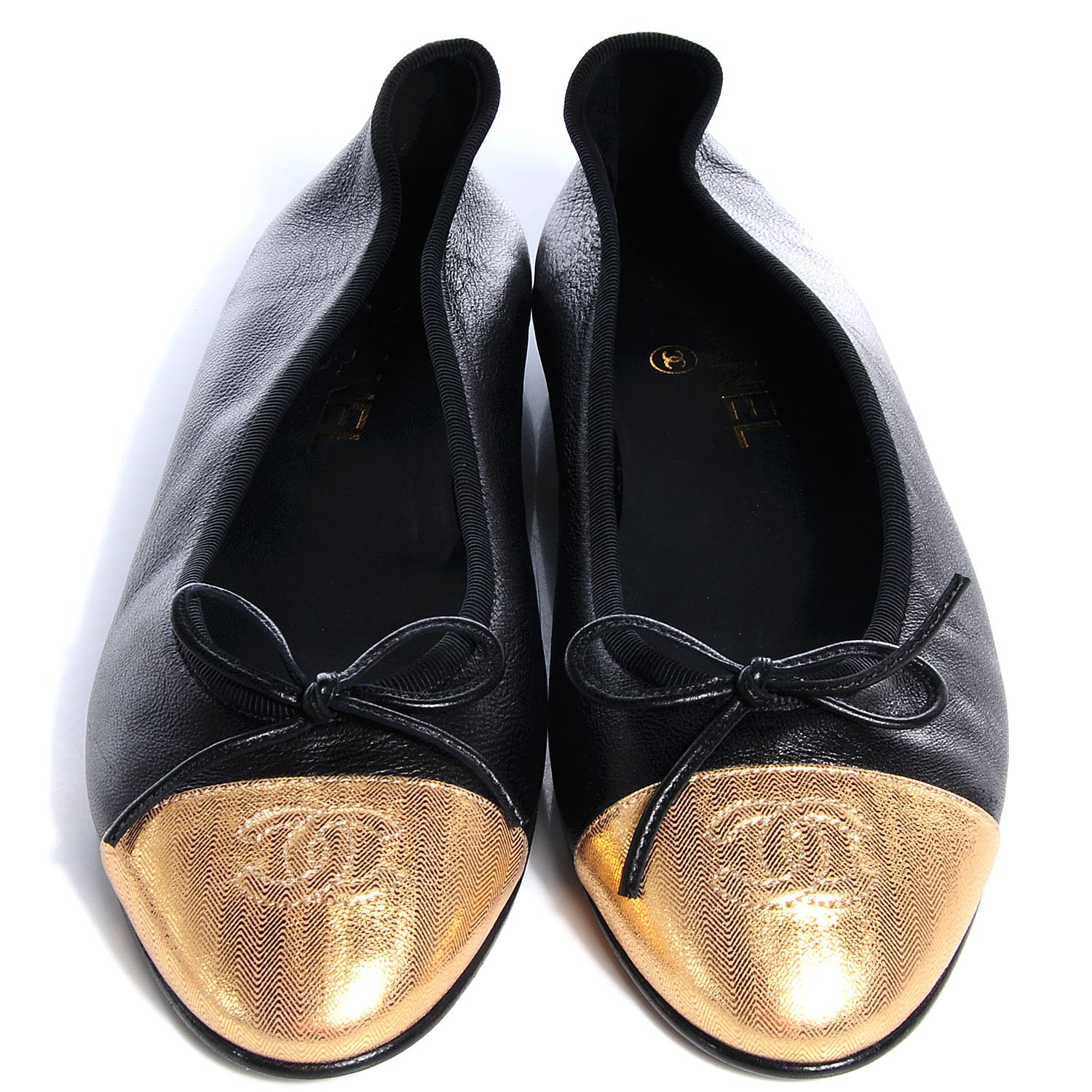 Chanel Calfskin CC Cap Toe Ballerina Flats Black Gold 38 2 of 8