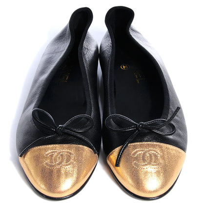 Chanel Calfskin CC Cap Toe Ballerina Flats Black Gold 38 2 of 8