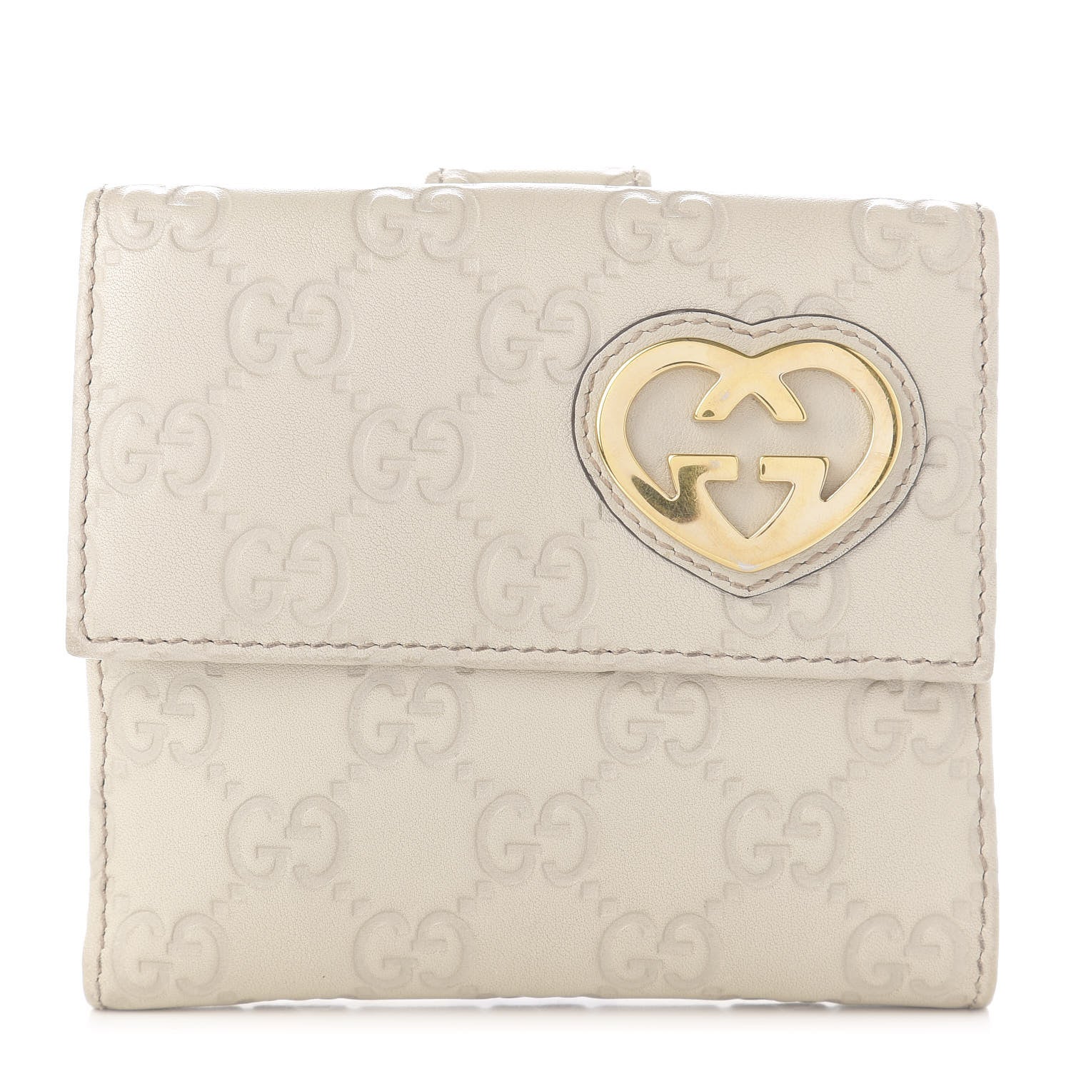 Gucci Guccissima Lovely Heart French Flap Wallet White 1 of 10