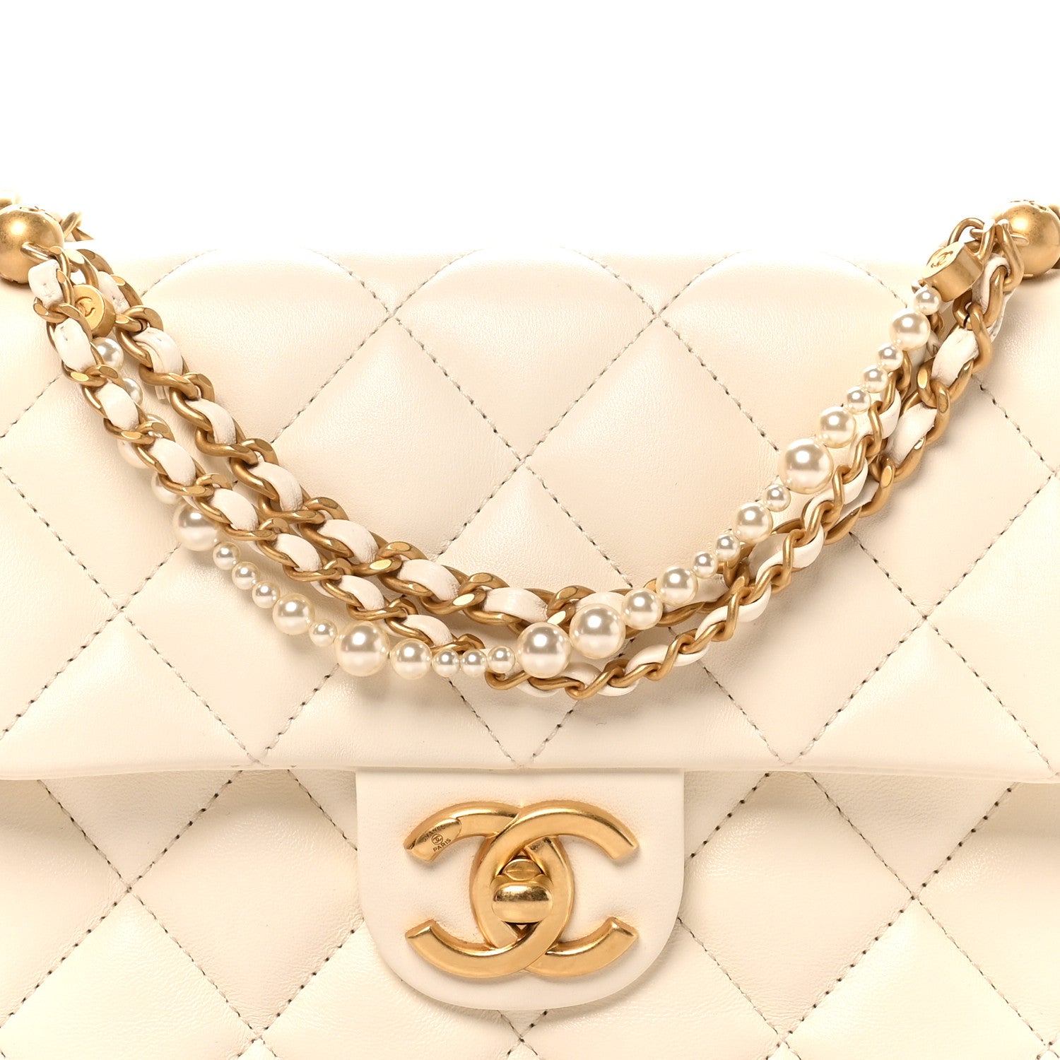 Chanel Shiny Lambskin Quilted Pearl Twist Mini Square Flap White
