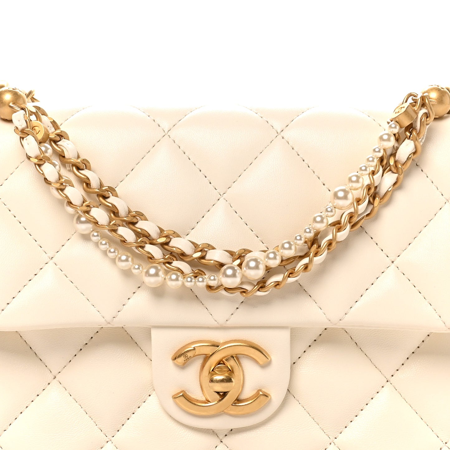 Shiny Lambskin Quilted Pearl Twist Mini Square Flap White