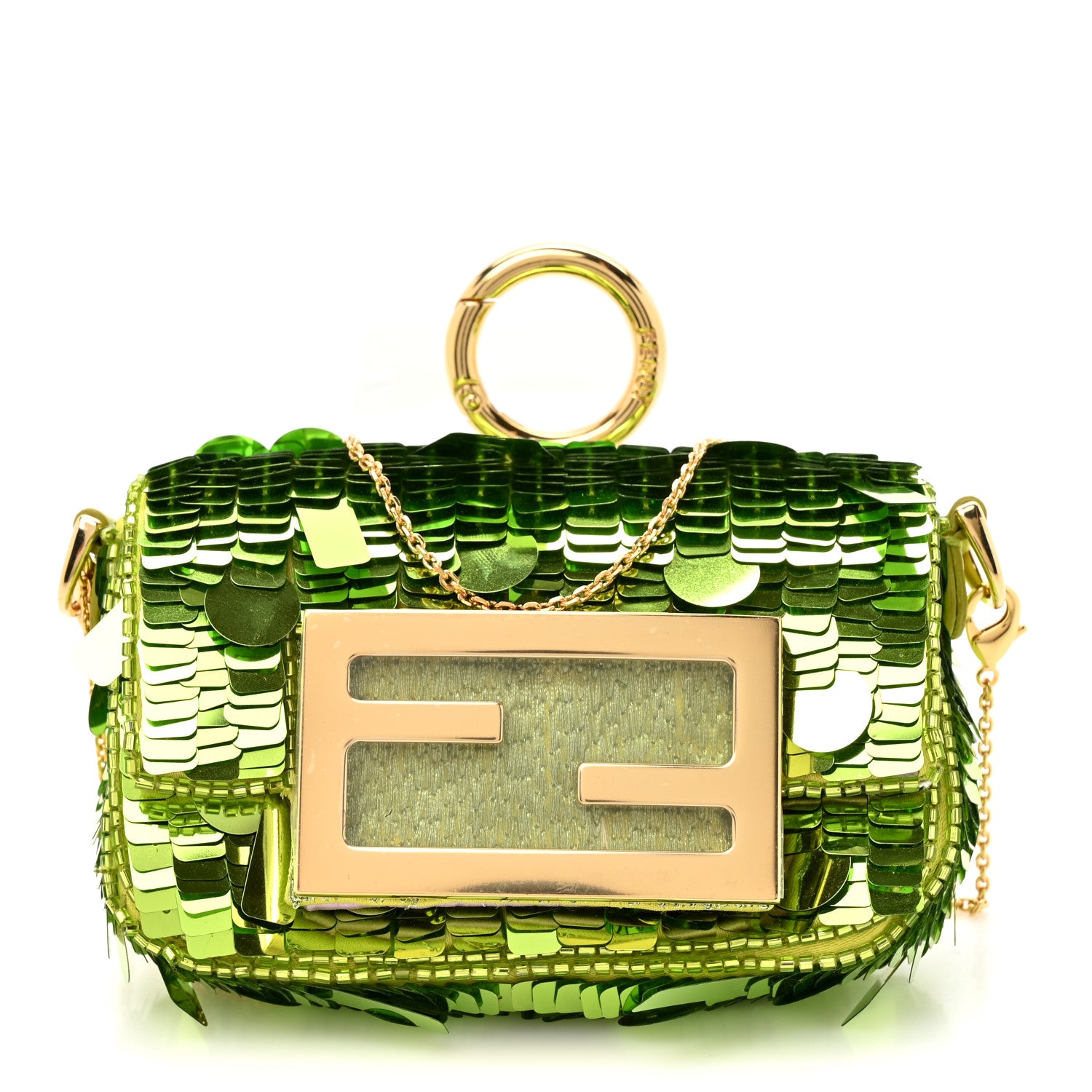 Fendi Sequin Paillettes Shiny Nappa Sex and the City Nano Maxi Buckle Baguette Charm Wasabi 1 of 12
