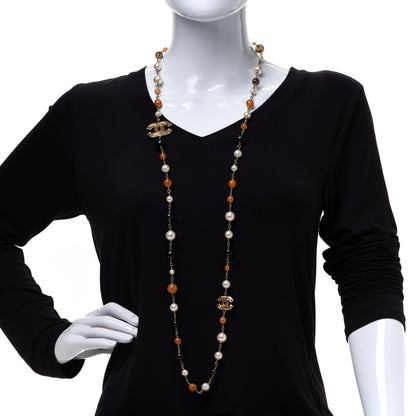 Chanel Enamel Bead Pearl CC Long Necklace Brown Gold 2 of 6