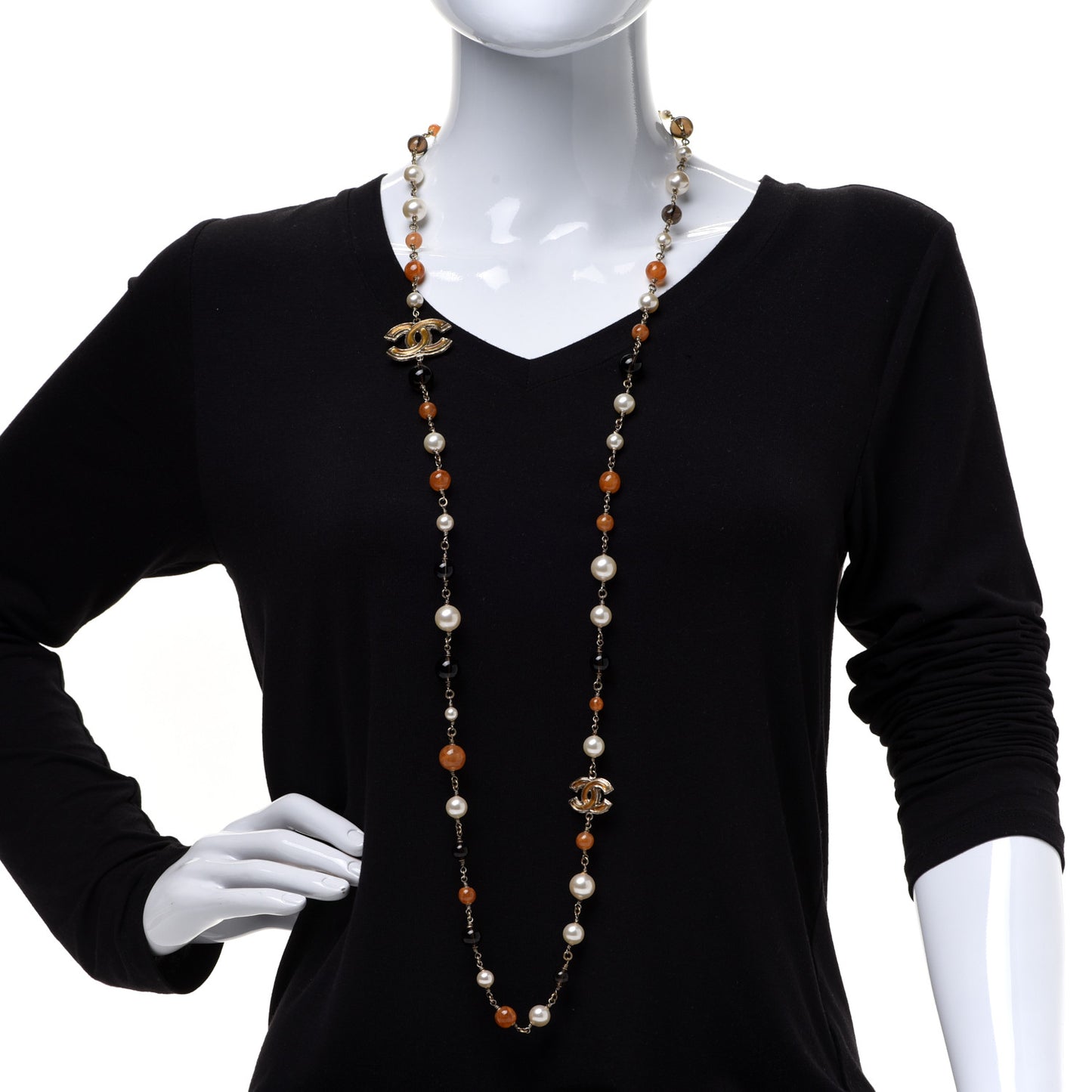 Enamel Bead Pearl CC Long Necklace Brown Gold