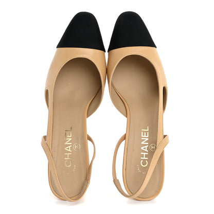 Chanel Goatskin Grosgrain Cap Toe CC Slingback Pumps 40.5 Beige Black 2 of 14