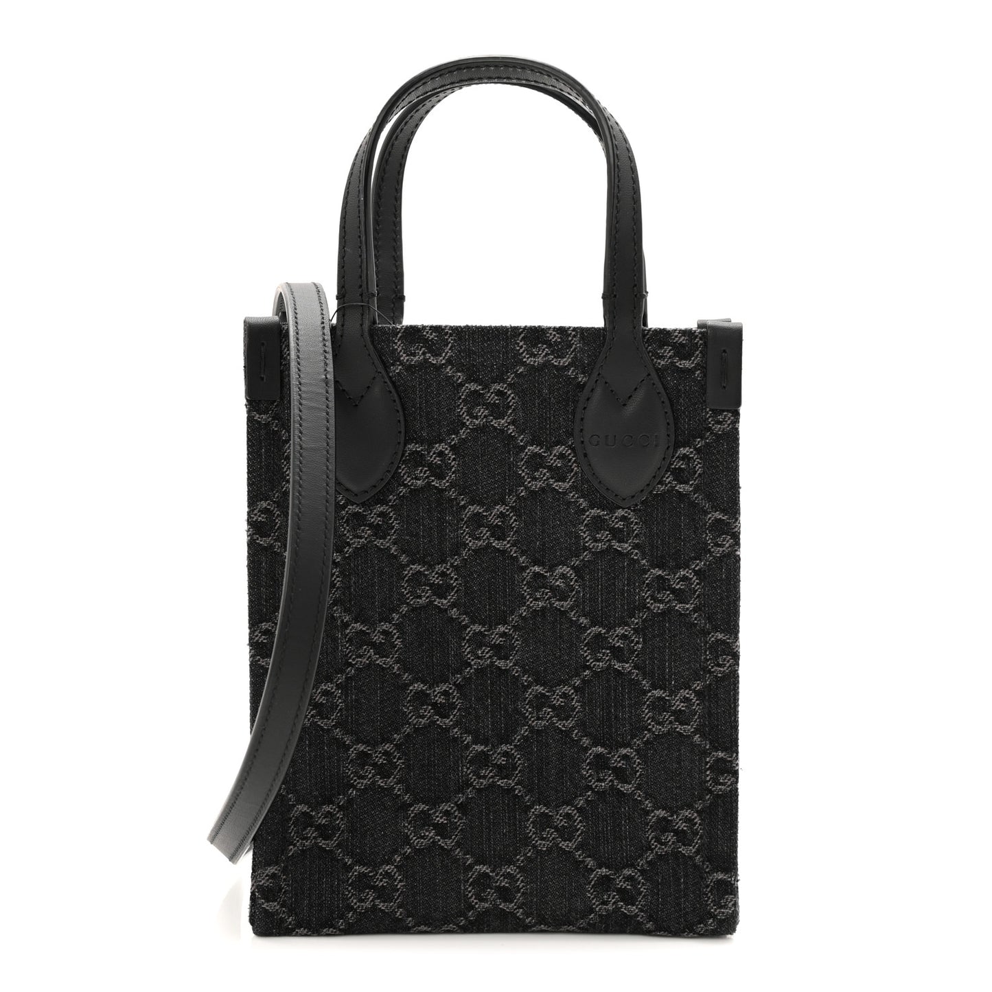Denim Cuoio Harness GG Monogram Mini Ophidia Tote Bag Black Medium Grey