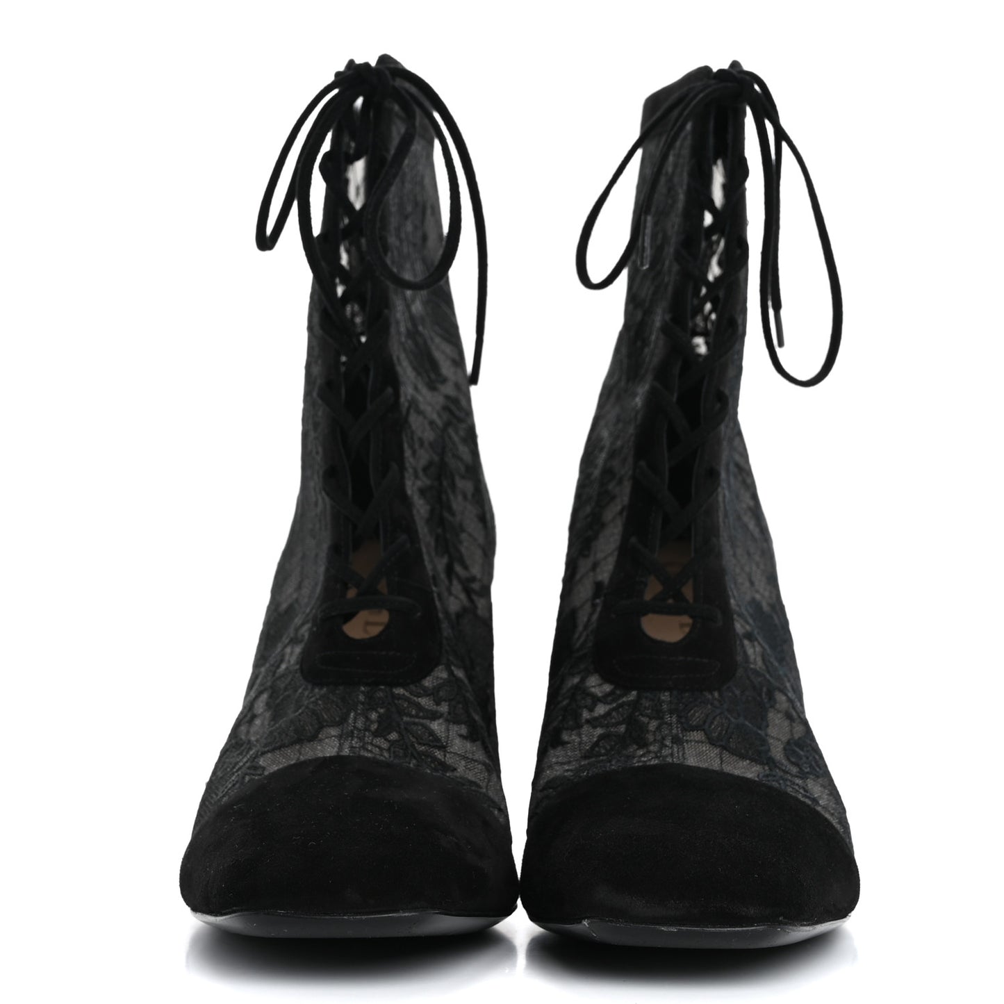 Suede Transparent Mesh Embroidered Roses Naughtily-D Heeled Lace Up Ankle Boots 40.5 Black