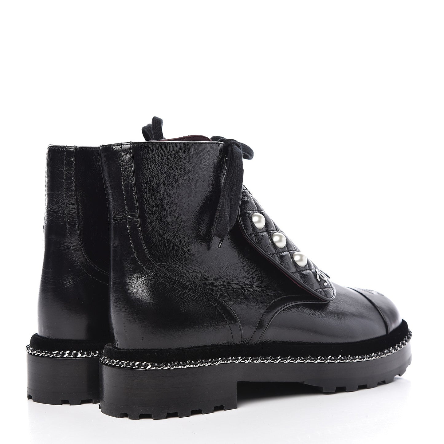 Crackled Calfskin Velvet Pearl Combat Short Boots 37.5 Black