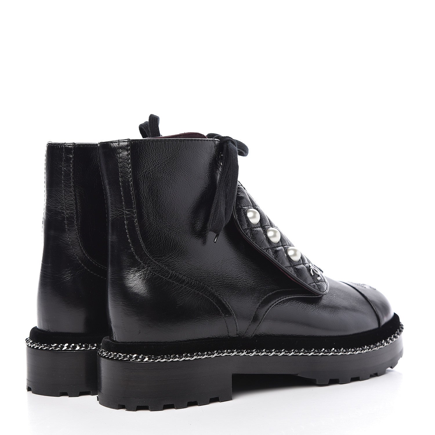 Chanel Crackled Calfskin Velvet Pearl Combat Short Boots 37.5 Black 4 of 8