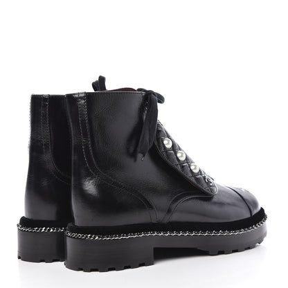 Chanel Crackled Calfskin Velvet Pearl Combat Short Boots 37.5 Black 4 of 8