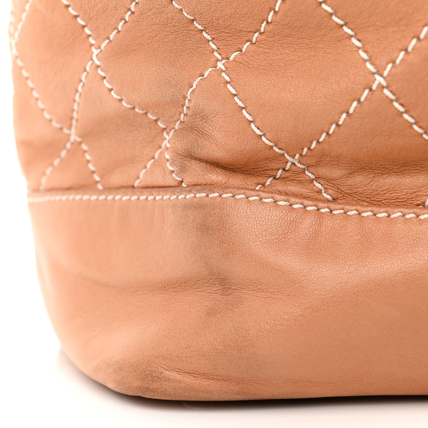 Lambskin Contrast Stitch Large Drawstring Tote Dark Beige