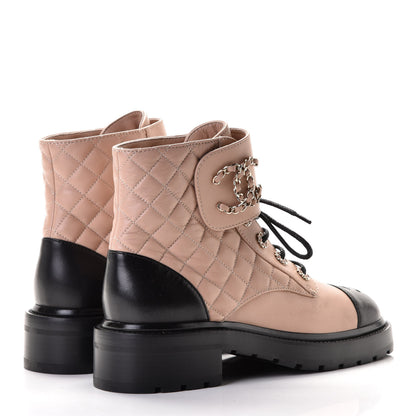 Chanel Shiny Lambskin Quilted Lace Up Combat Boots 39 Beige Black 4 of 8