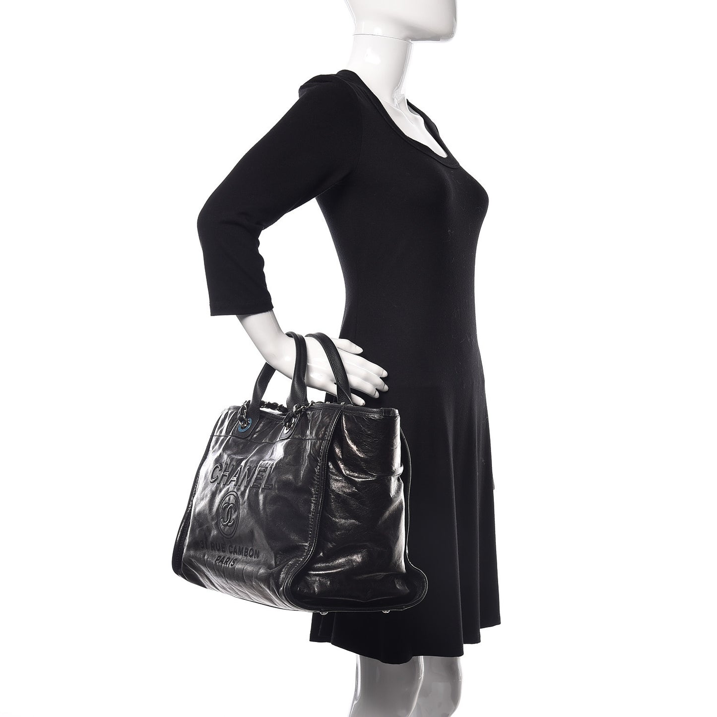 Glazed Calfskin Large Deauville Tote Black