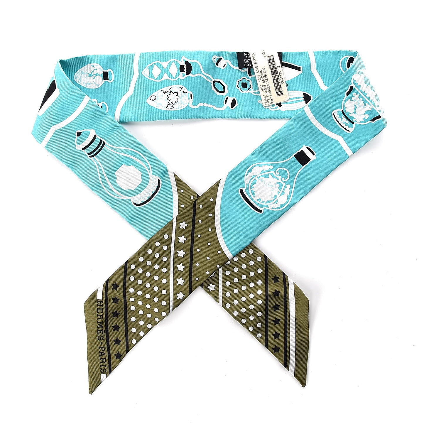 Silk Les Flacons Bandana Twilly Kaki Turquoise Blanc
