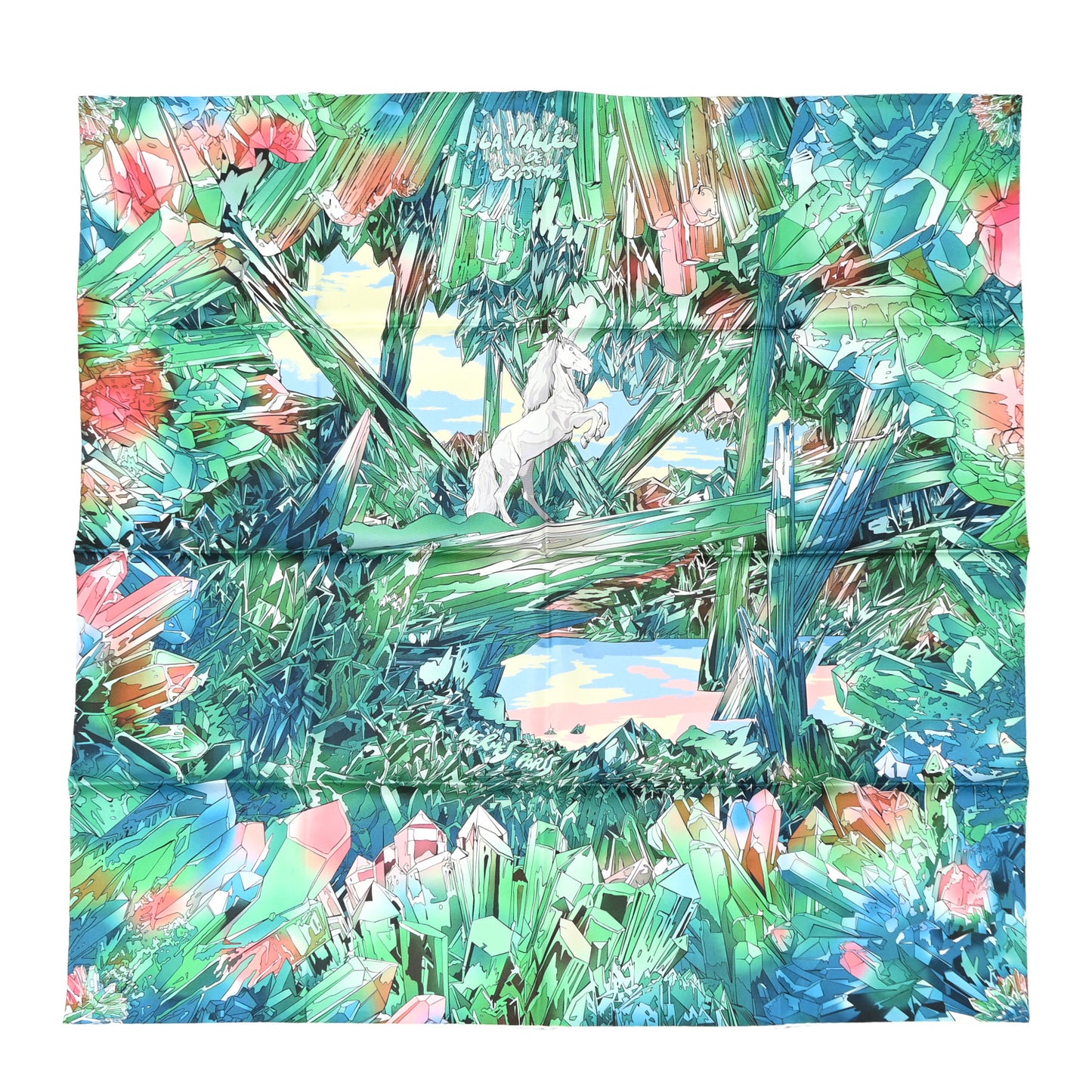 Silk Twill La Vallee De Cristal Scarf 90 Vert Vif Rose Bleu