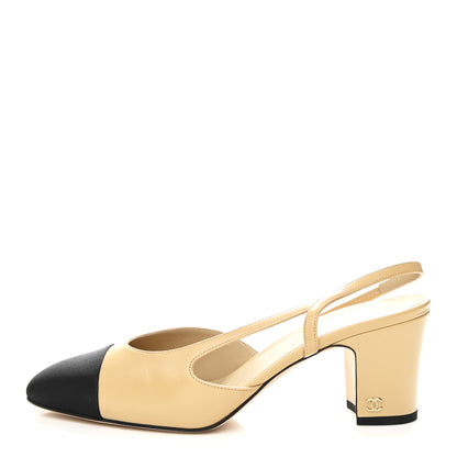 Chanel Goatskin Grosgrain Cap Toe CC Slingback Pumps 40.5 Beige Black 1 of 10