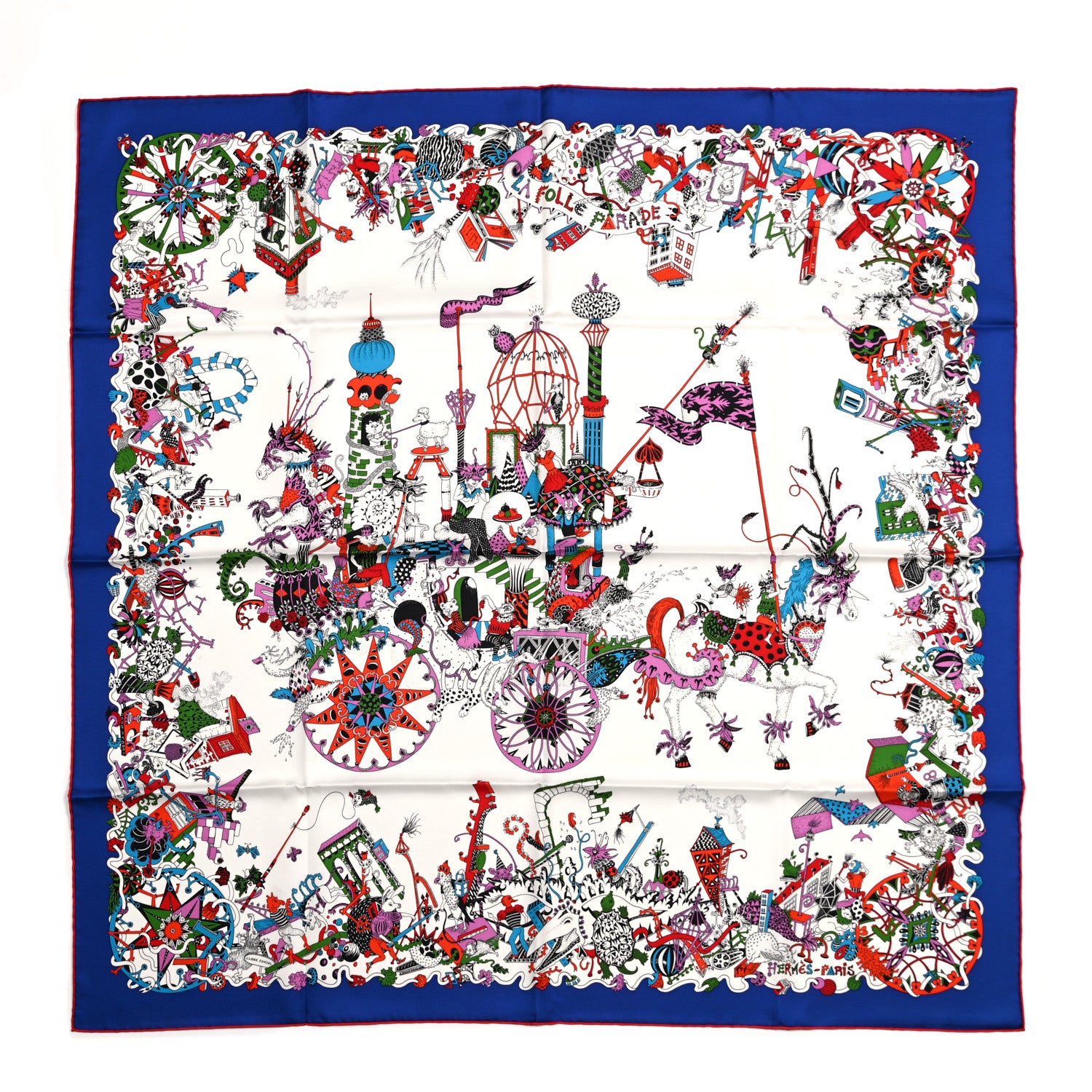 Hermes Silk La Folle Parade Scarf 90 Bleu Roy White Rouge 1 of 5