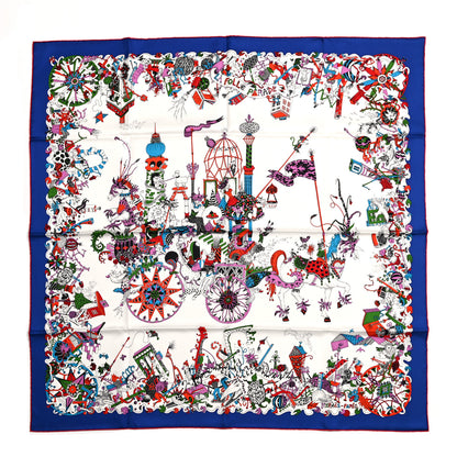 Hermes Silk La Folle Parade Scarf 90 Bleu Roy White Rouge 1 of 5