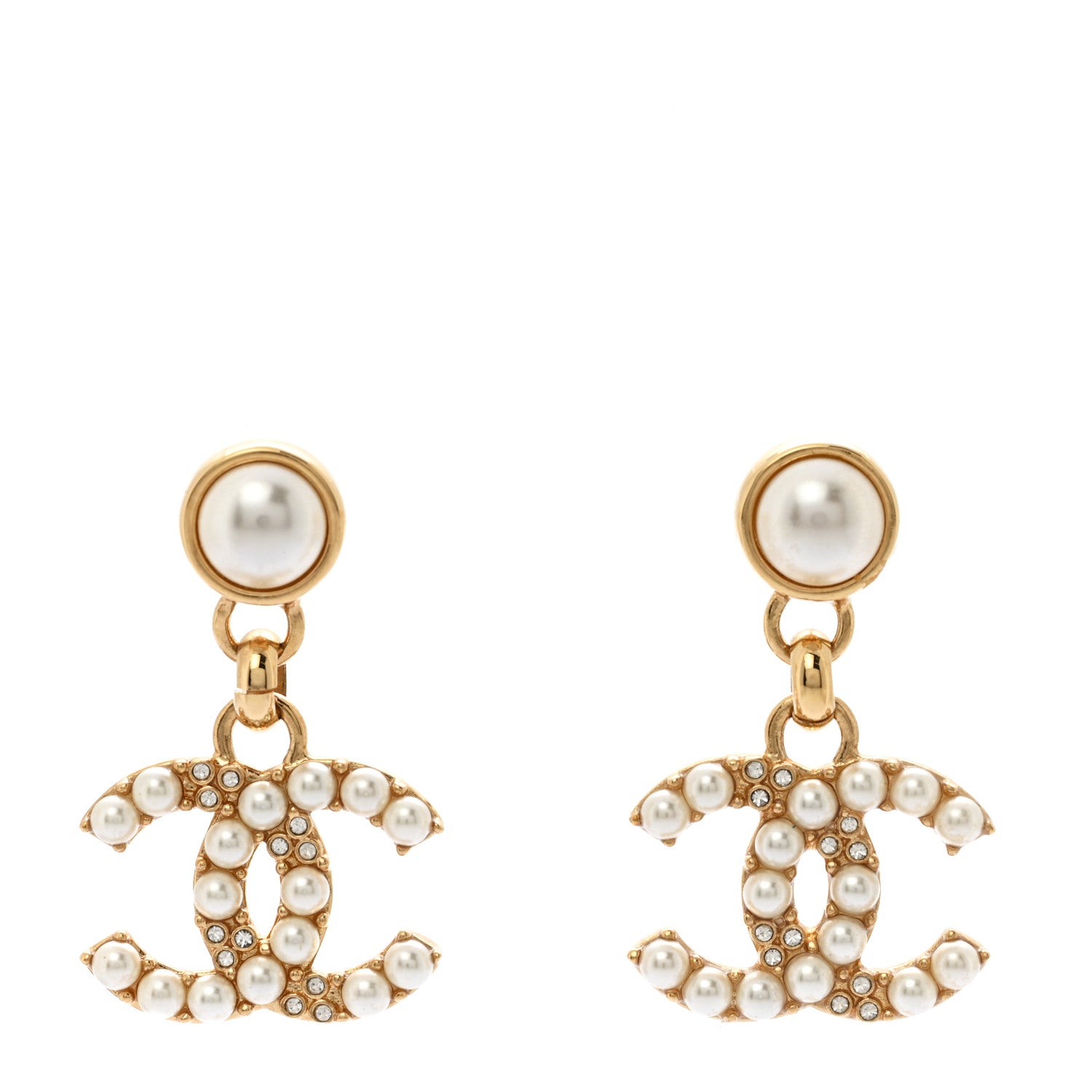Chanel Pearl Crystal CC Drop Earrings Gold 1 of 5