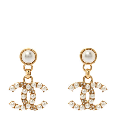 Chanel Pearl Crystal CC Drop Earrings Gold 1 of 5