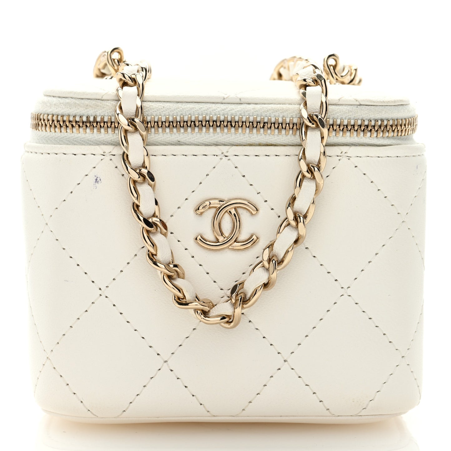 Lambskin Quilted Enamel Pearl Crush Mini Vanity Case With Chain White