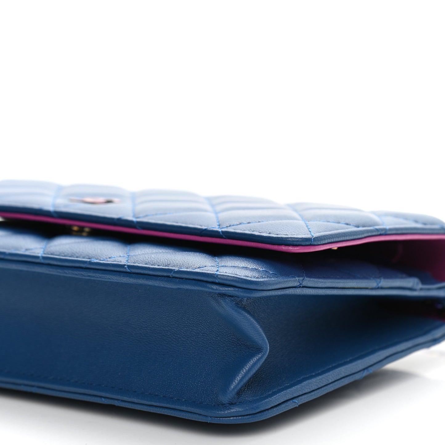 Lambskin Quilted Wallet On Chain WOC Dark Blue Pink
