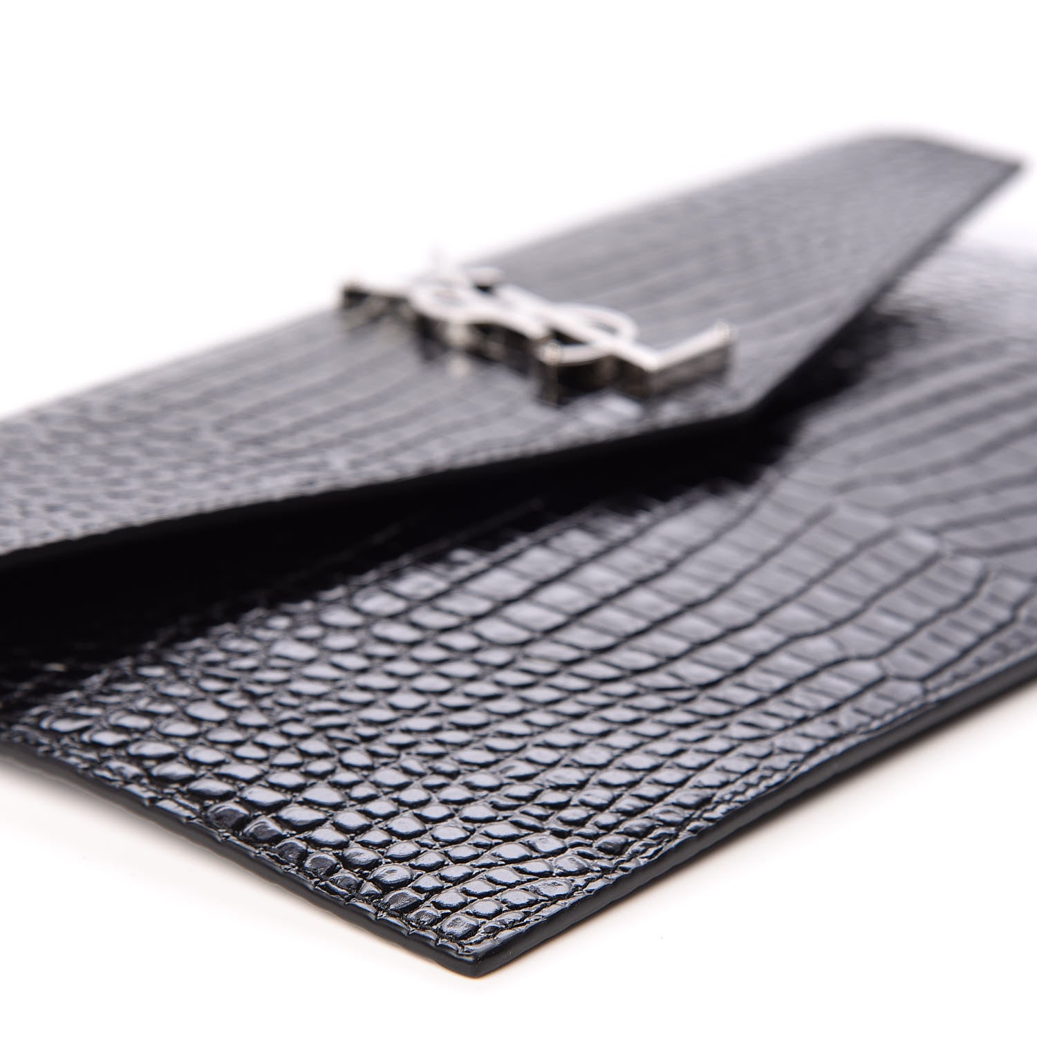 Saint Laurent Calfskin Crocodile Embossed Uptown Monogram Clutch Black 5 of 9