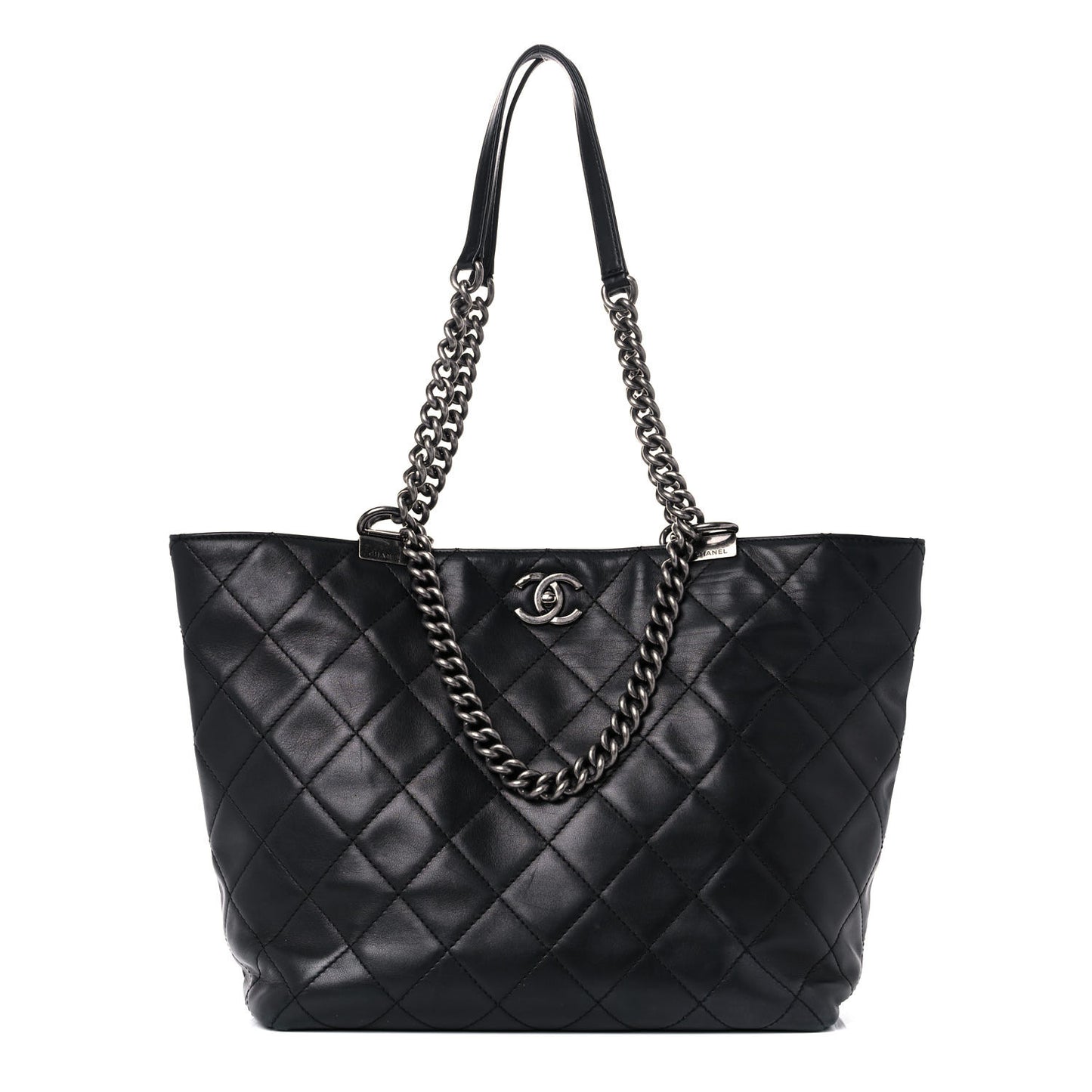 Sheepskin Quilted Chain Handle Large Shopping Tote Black