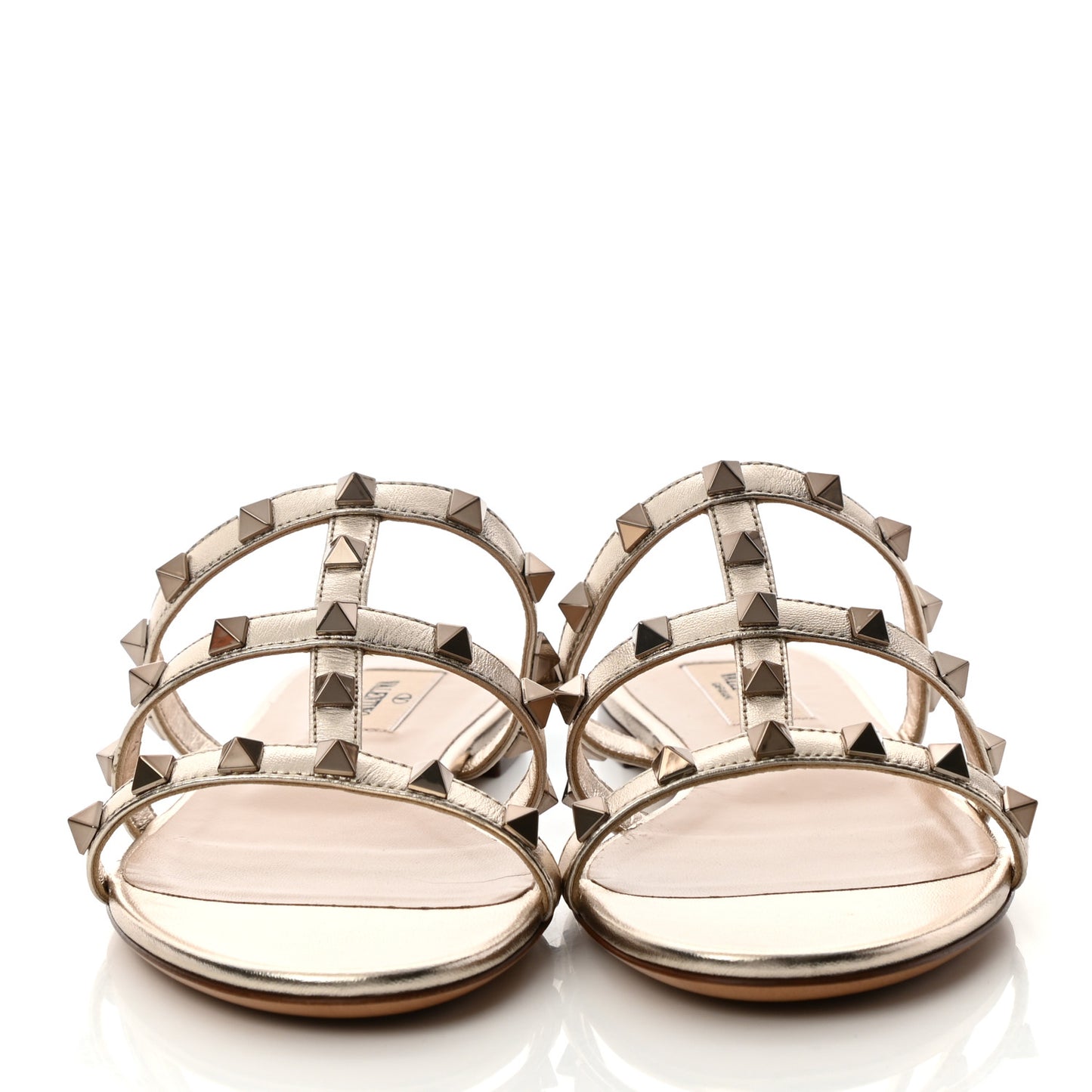 Metallic Nappa Rockstud Caged Flat Slide Sandals 37.5 Skin