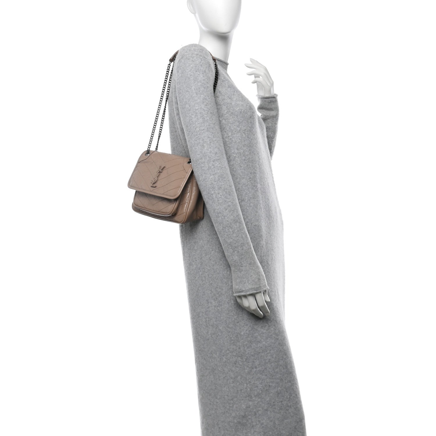Saint Laurent Crinkled Calfskin Matelasse Monogram Baby Niki Chain Satchel Light Taupe 2 of 10