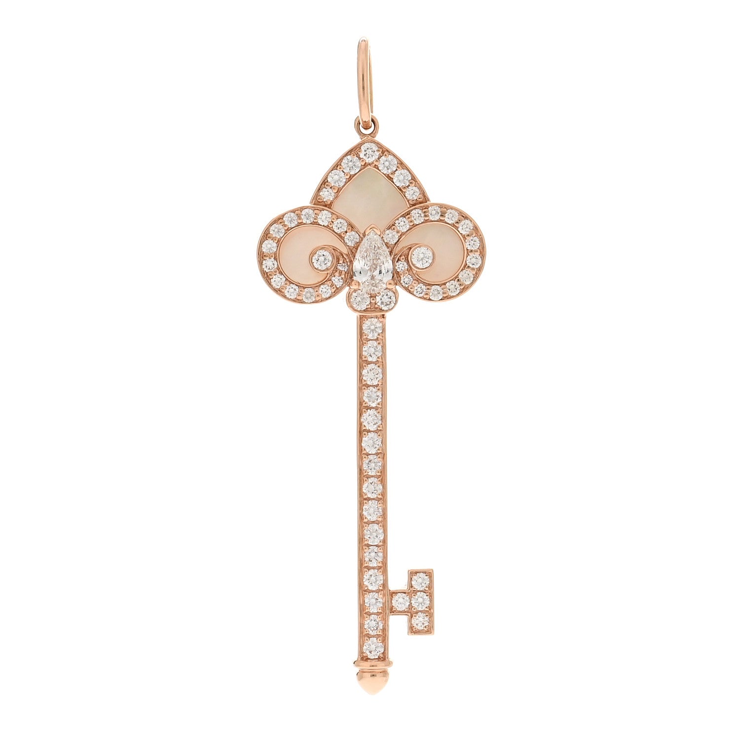 Tiffany 18K Rose Gold Diamond Mother of Pearl Fleur De Lis Key Pendant 1 of 5
