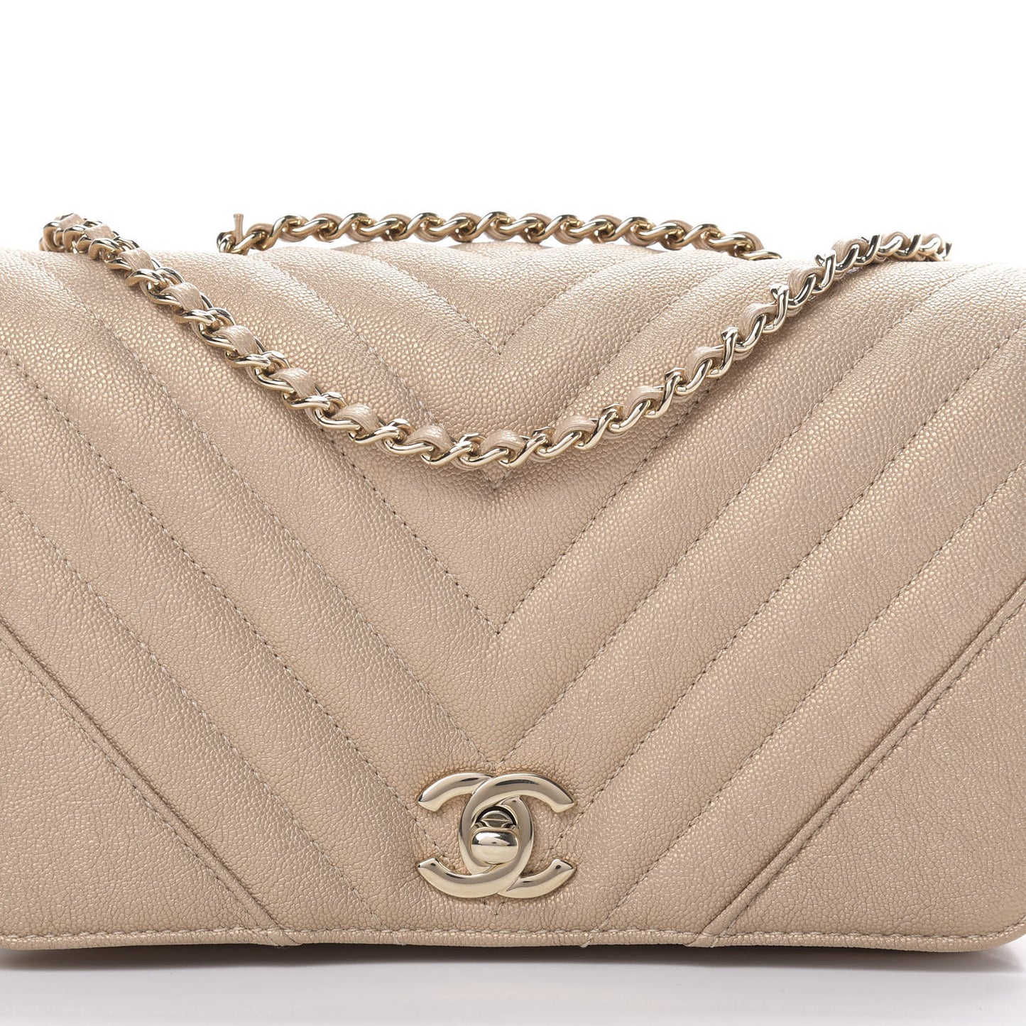 Metallic Caviar Chevron Quilted Medium Statement Flap Beige