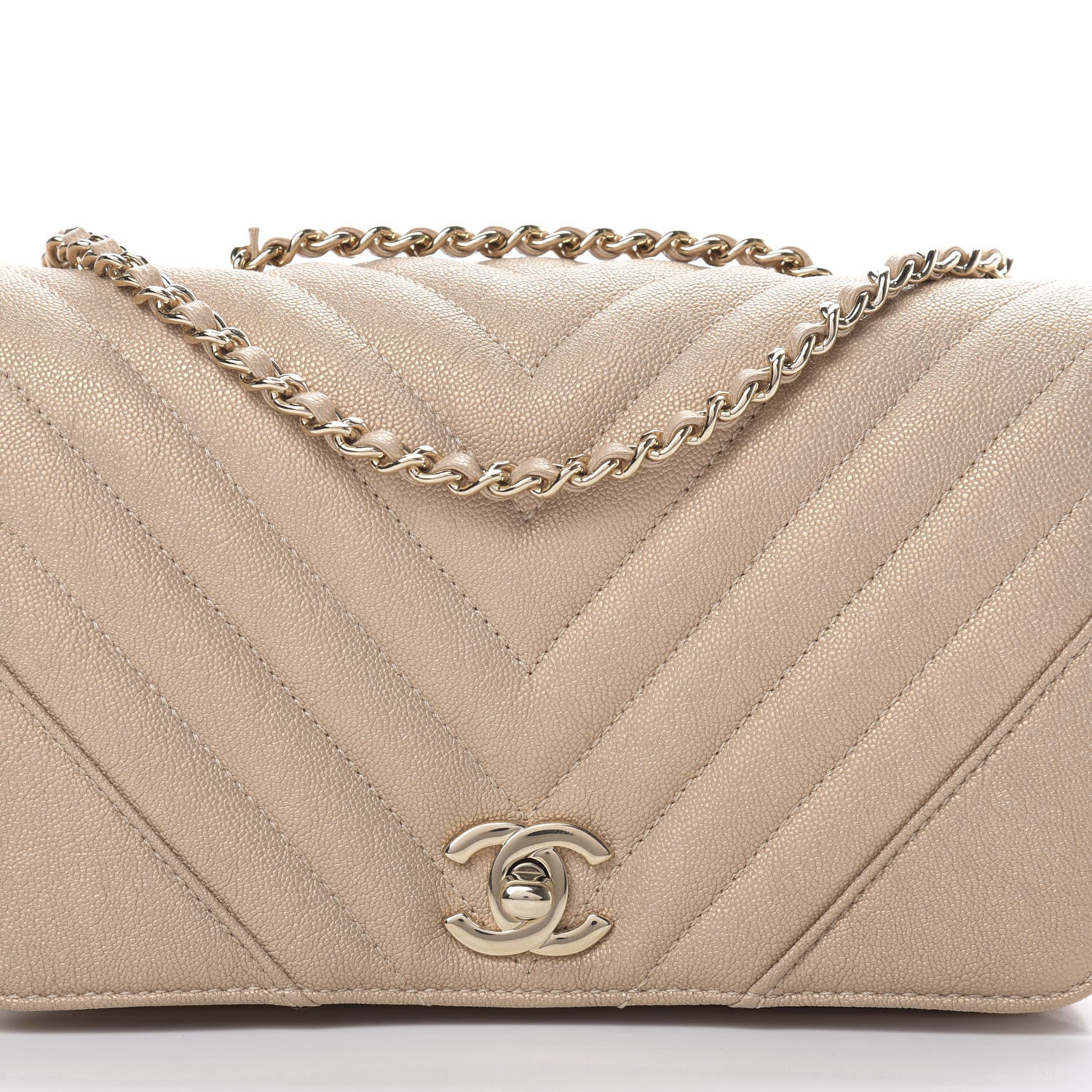 Chanel Metallic Caviar Chevron Quilted Medium Statement Flap Beige 8 of 12