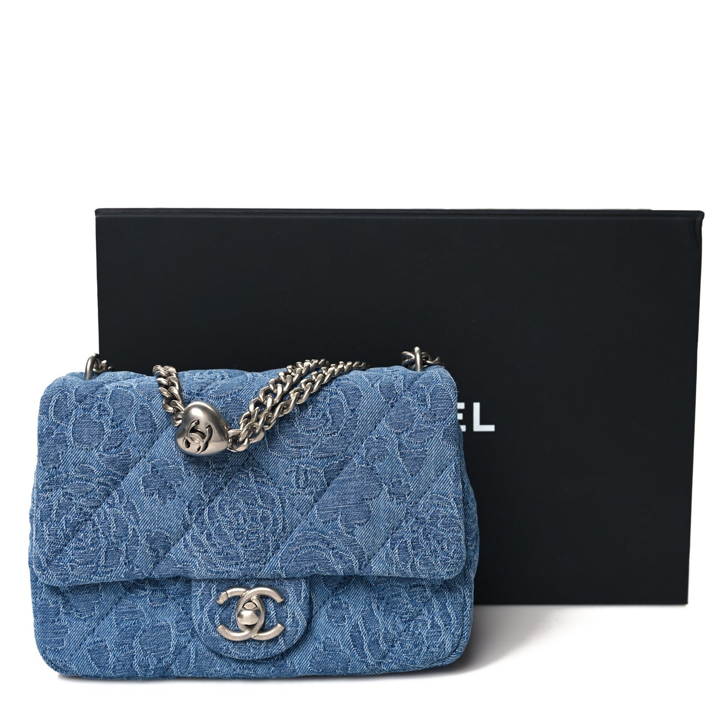 Denim Quilted Camellia Sweetheart Mini Flap Blue