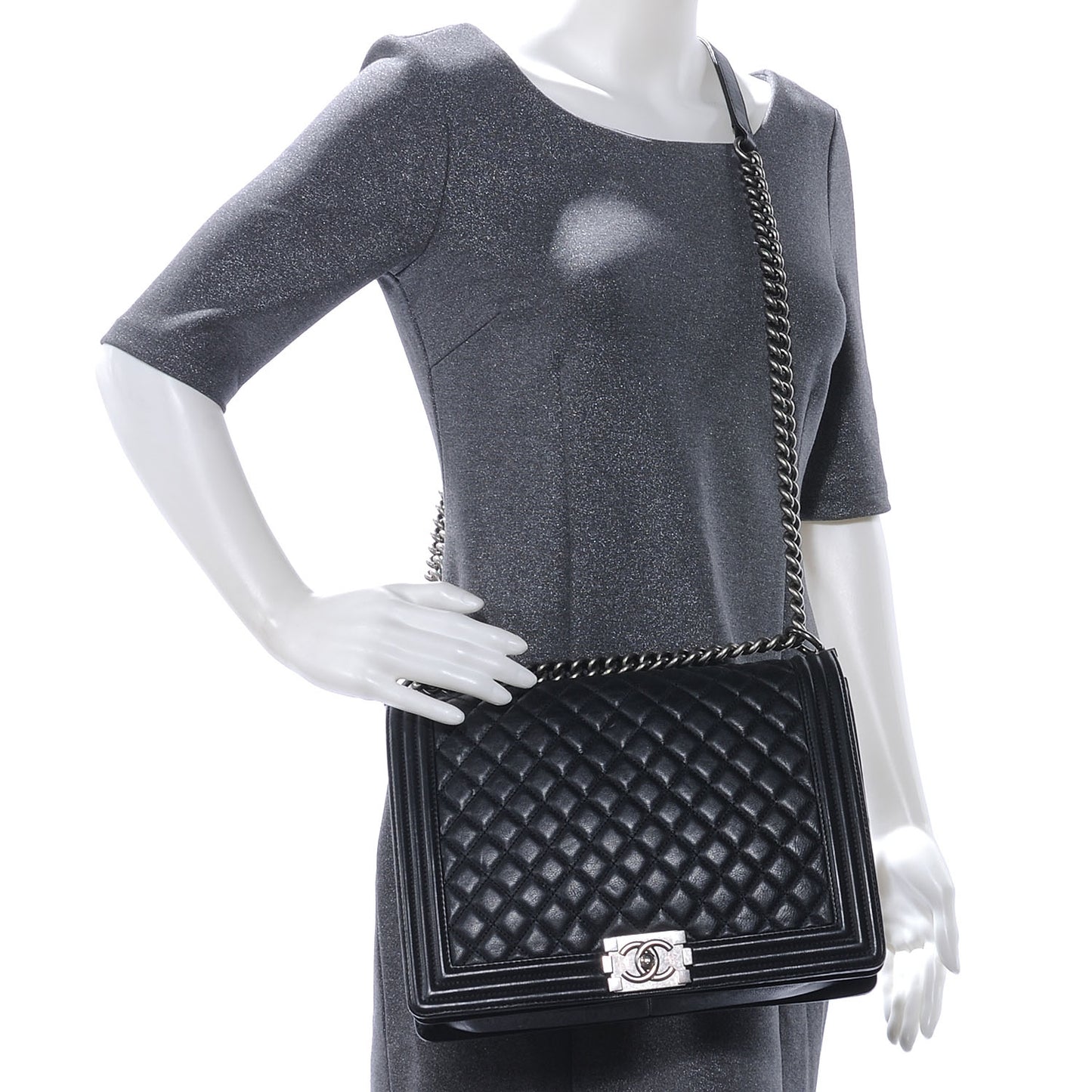 Calfskin Quilted Large Boy Flap Black