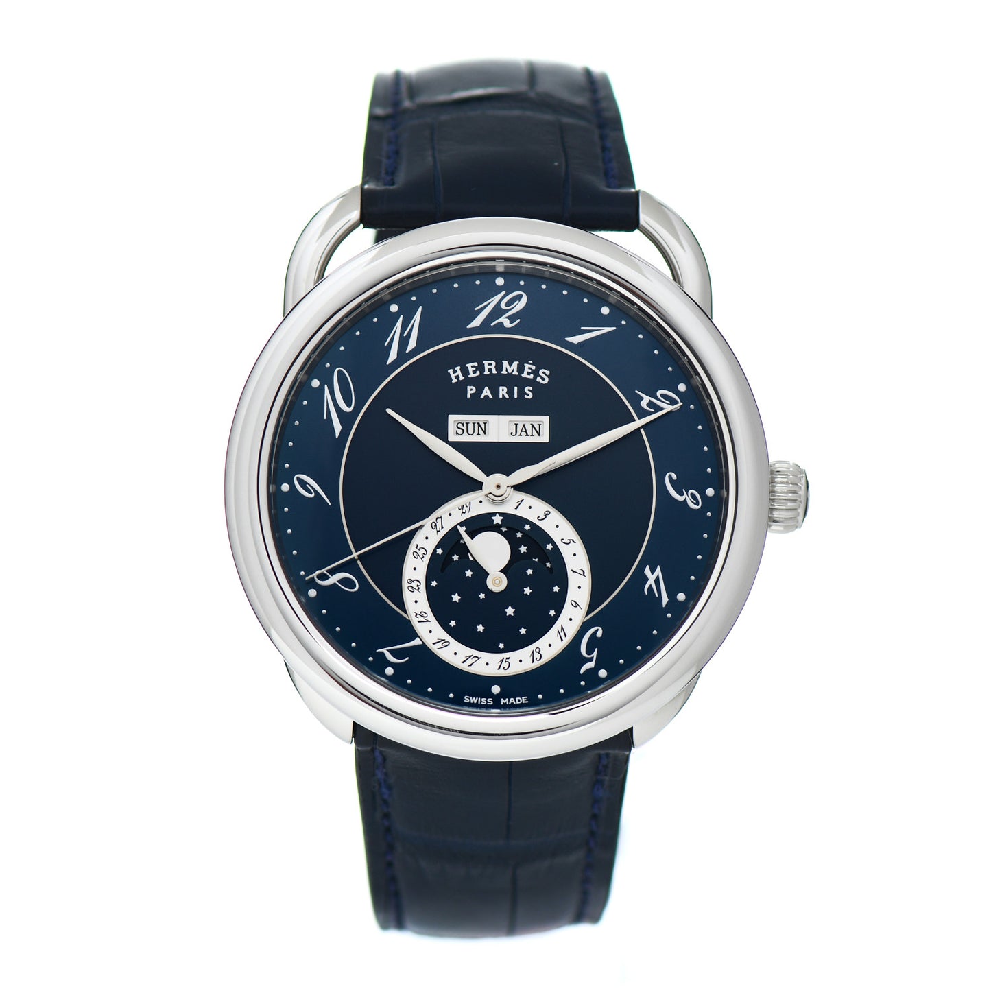 Stainless Steel Alligator 43mm Arceau Grande Lune Automatic Watch Bleu Abysse