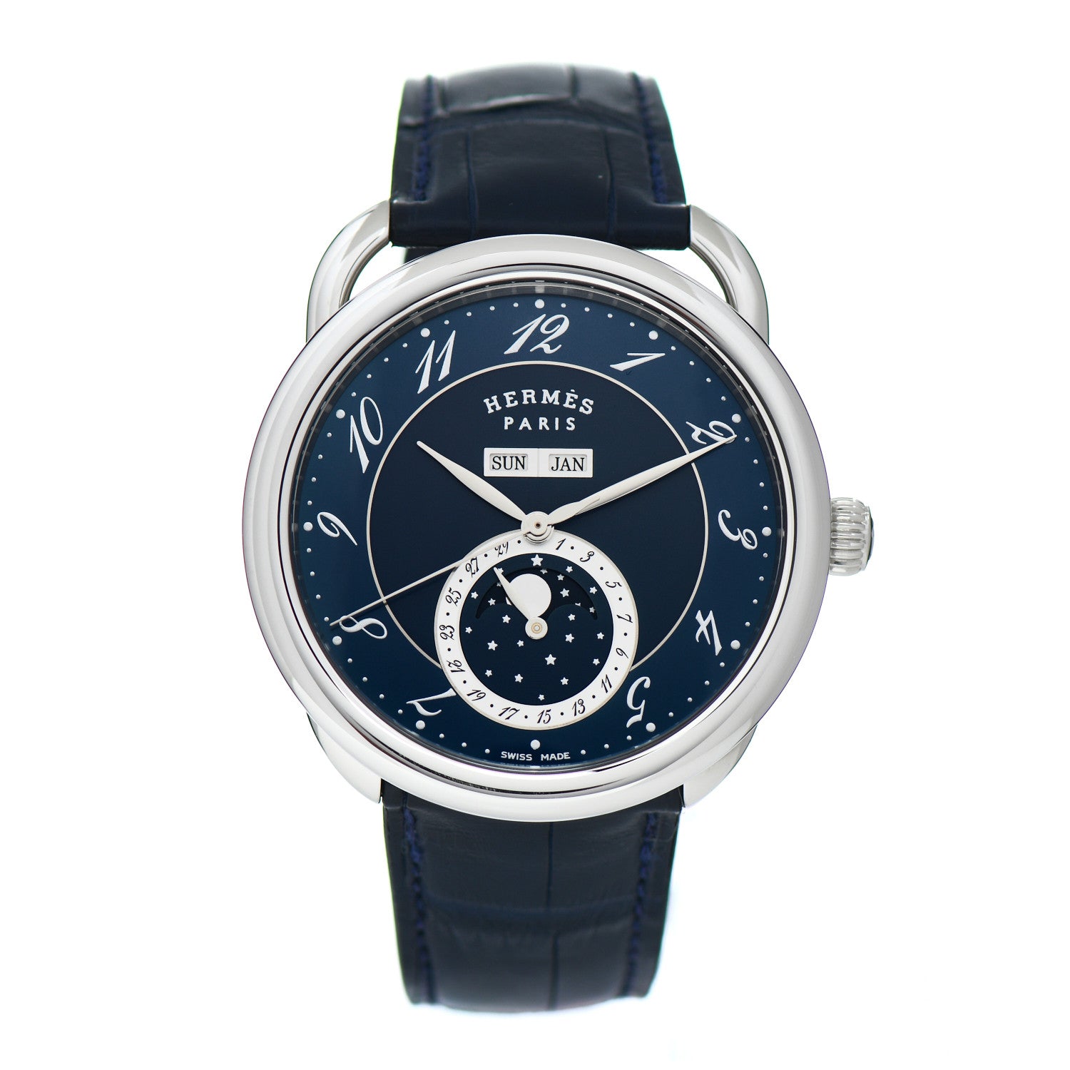 Hermes Stainless Steel Alligator 43mm Arceau Grande Lune Automatic Watch Bleu Abysse 1 of 5