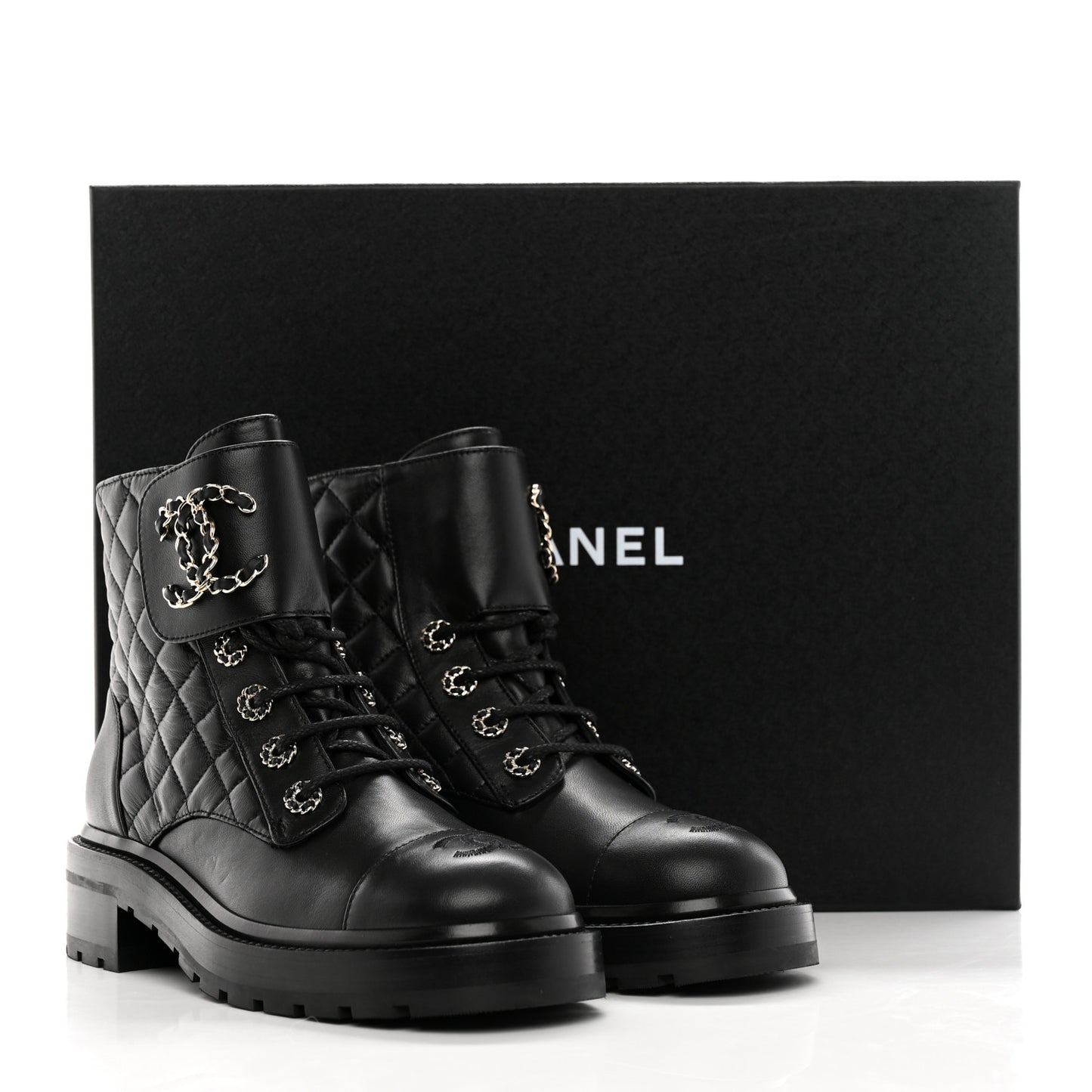 Shiny Goatskin Calfskin Quilted Lace Up Combat Boots 37.5 Black