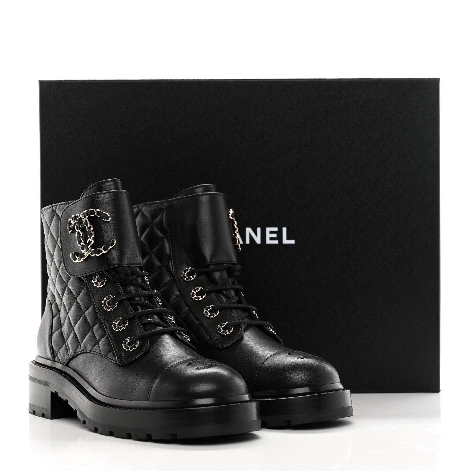 Chanel Shiny Goatskin Calfskin Quilted Lace Up Combat Boots 37.5 Black 13 of 13
