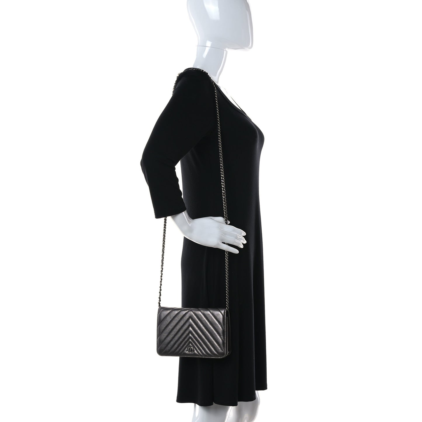 Metallic Calfskin Chevron Quilted Wallet On Chain WOC Dark Silver