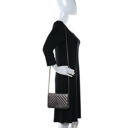 Chanel Metallic Calfskin Chevron Quilted Wallet On Chain WOC Dark Silver 2 of 11