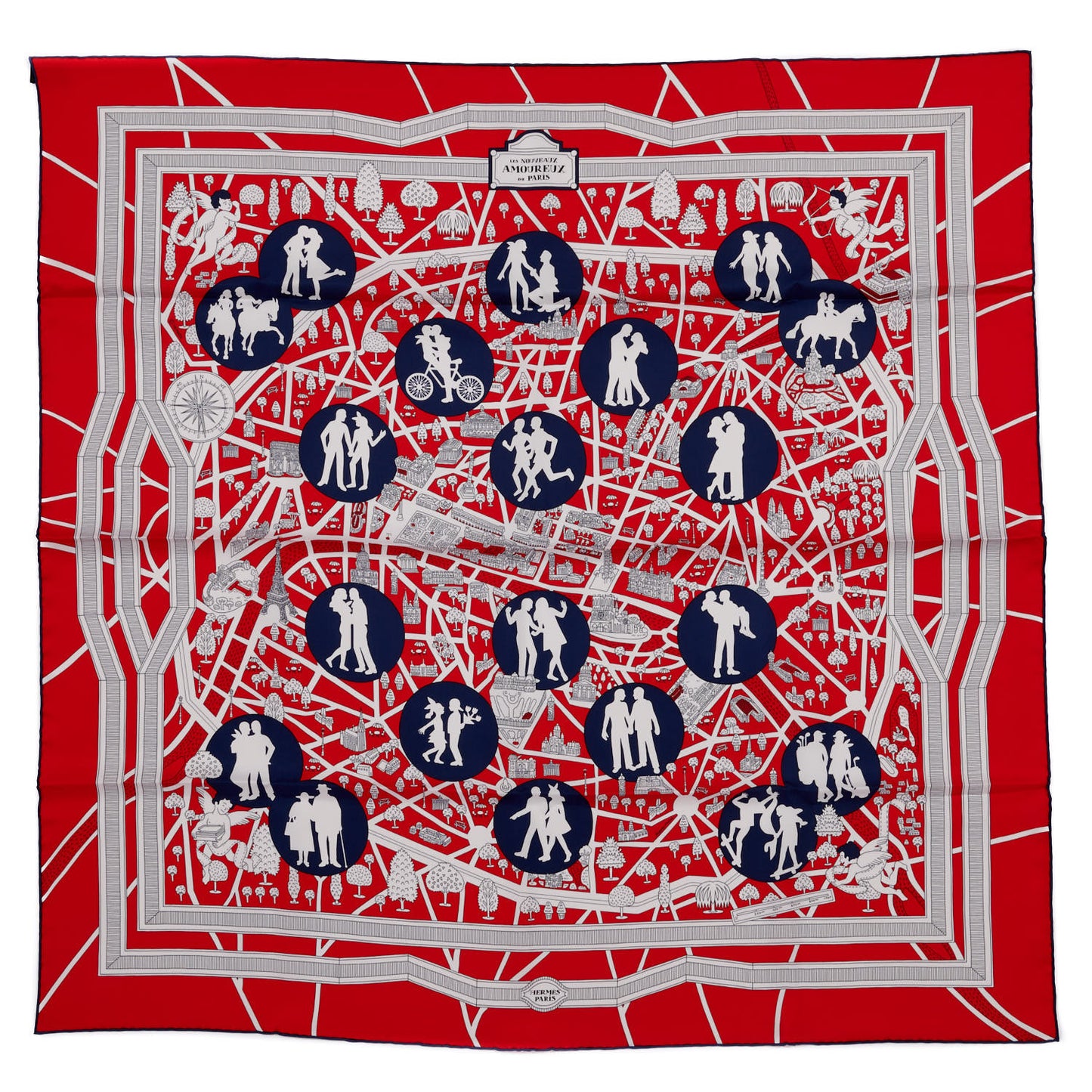 Silk Les Nouveaux Amoureux de Paris Scarf 90 Rouge Vif Marine Blanc